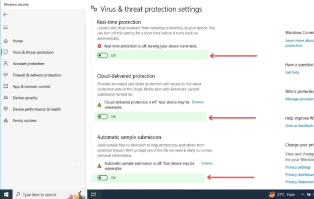 Windows defender off