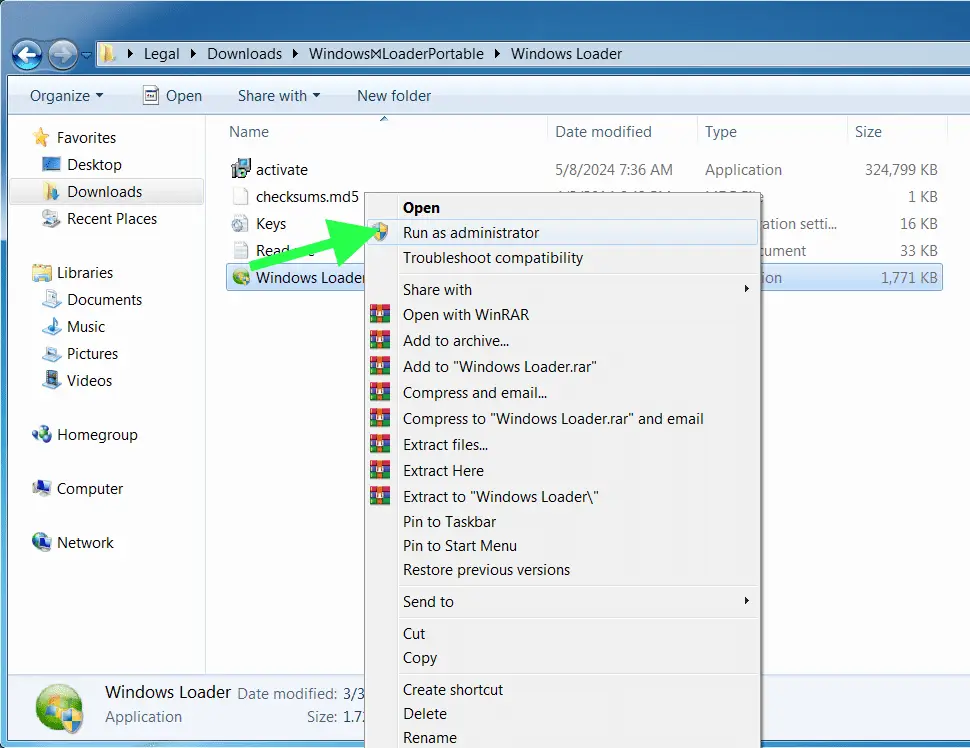 Run Windows 7 Loader as administrator